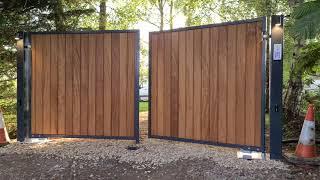 Iroko Wooden gates, steel frame, Automated Gates, Electric Gates, Bespoke.