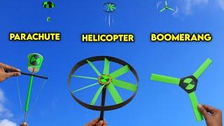 3 Amazing Ben-10 toys , how to make parachute launcher , best paper flying helicopter , boomerang