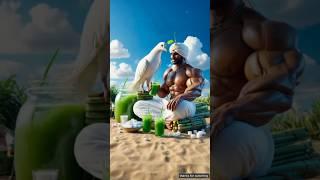 The farmer drinks all the juice of sugarcane and then plants a papaya tree  #ai #pigeon #farmer