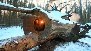 Winter Overnight Stay in a Warm and Cozy Survival Den. Clay oven, Catch and Cook, Bushcraft