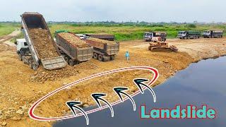 Amazing road building mighty machines bulldozer pushing rock and soil-truck unloading rock and soil