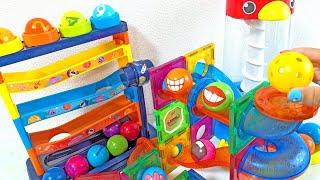 Marble Run ASMR Race  HABA Slope & Dump Truck Excavator Ambulance Forklift Garbage Truck Tractors#1