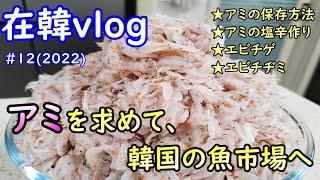 【在韓vlog】#12(2022)韓国の魚市場で生アミ買ってきました,생새우손질법,새우젓만들기,생새우찌개,새우부추전