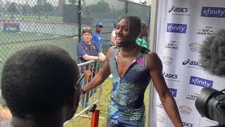 Noah Lyles talks after 1st Place finish in the 200m at the NYC Grand Prix