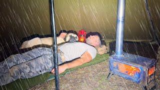 Hot Tent Rain Camping in Storm! - Solo Camping in Heavy Rain and Rainstorm