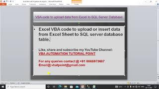 VBA code to upload or insert data in SQL server database table from Excel.