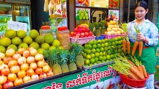 100% Fresh & Healthy! She Starts Her Fruit Juice Business Since Early Morning! Cambodian Street Food