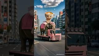Evolution of lion and elephant on boat to Ballerina Cappuccina riding elephant on truck