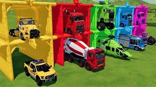 TRANSPORTING POLICE CARS, MIXER, HELICOPTER and FIRE ENGINE with BIG TRUCKS! Farming Simulator 22