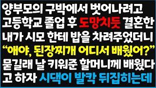 (신청사연) 양부모의 구박에서 벗어나려고 고등학교 졸업 후 도망치듯 결혼한 내가 시모한테 밥을 차려 주었더니 "애야, 된장찌개 어디서 배웠어?" [신청사연][사이다썰][사연라디오]