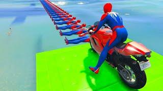 Superheroes on a motorcycle ride over the sea along the Spider-Man Bridge GTA 5