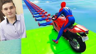 Superheroes on a motorcycle ride over the sea along the Spider-Man Bridge GTA 5