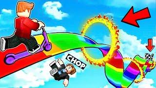 ROBLOX CHOP SLIDES DOWN THE RAINBOW MEGA RAMP SCOOTER CHALLENGE