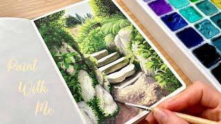 Gouache Painting of Green Garden Landscape With Stone Stairs/ Paint With Me 