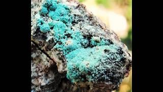 Rosasite crystals and Aragonite mineral specimen from the Lavrion mines in Greece.