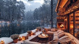 Morning Coffee Porch Ambience with Gentle Falling Snow  Relaxing Jazz Instrumental Music