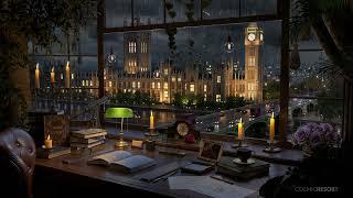 Victorian Study Room overlooking London Big Ben Westminster - Rain and Distant Thunder Sounds