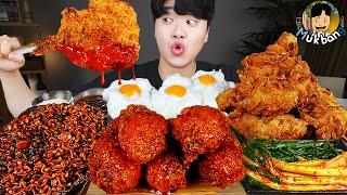 ASMR MUKBANG | Fried Chicken, steak, black bean noodles, kimchi Korean Food recipe ! eating