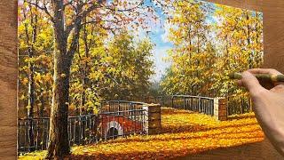 How to draw a bridge - Autumn landscape / Acrylic landscape painting / Art painting / A Lu Art.