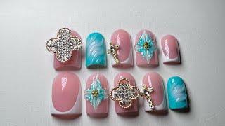 PRESS ON NAIL TUTORIAL 🩵 3D nail art | easy  French tutorial, 3d flowers nail art, gold junk