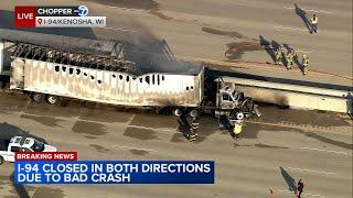 Fiery crash involving 2 semis shuts down I-94 in Kenosha, Wisconsin