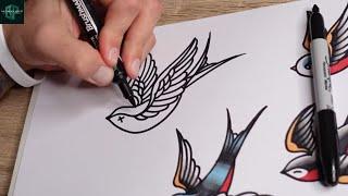 How to Draw Out  a Tattoo Design of 4 Old School Swallow Drawings