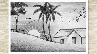 Sunset Scenery Drawing with Pencil Sketch, Pencil Drawing for Beginners