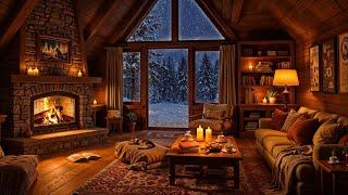 Cozy Cabin Ambience ️ Smooth Jazz Instrumental & Fireplace Sounds on Snowy Night for Stress Relief