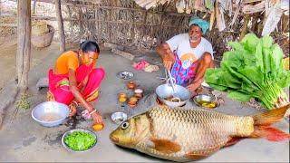 Santali tribe old couple cooking AMERICAN ROHU FISH and PALONG DAL recipe for their lunch