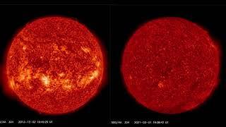 Sun in her solar maximum vs solar minimum - courtesy NASA Solar Dynamic Observatory