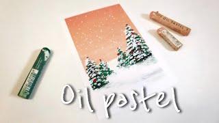 [ENG] Drawing a Christmas landscape with oil pastel. 오일파스텔 크리스마스 트리 풍경화 | 눈내리는 핑크하늘 겨울 풍경화