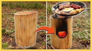 HOW TO MAKE A ROCKET STOVE FROM A LOG | Simple Bushcraft Project You Need To Try | Woodland Cooking