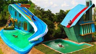 Top 2 Building! Technique House Design And Water Slide On Roof To Swimming Pool By Ancient Skills