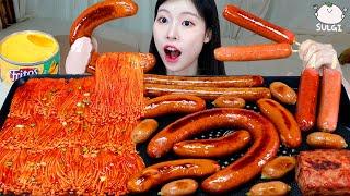 ASMR MUKBANG| Fire Spicy Enoki Mushroom and Various Sausages (Kielbasa, Long, Frank, Vienna).