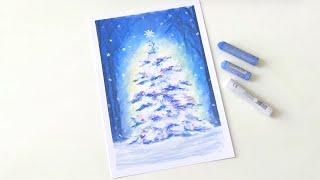 Christmas Tree Winter Landscape ️ | Step by step oil pastel drawing for beginners