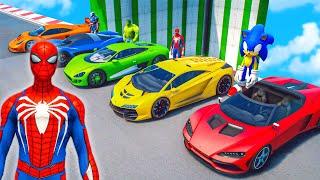 Hulk, Sonic, SpiderMan Sport Cars RACING Challenge Competition in the Sky Ramps Ep.491