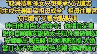 “取消婚事 孫女只想秉承父兄遺志，餘生戍守邊關 望祖母成全”祖母往東宮方向看了又看 我點點頭，昨日他面色心虛命令：你請旨父皇說你自願讓安錦做太子妃 你是做側妃，安錦雖出身低賤 但她制鹽造福