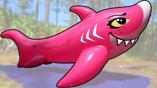 Cora the Pink Inflatable Shark Ride-On Pool Toy from Squeakitty Toys