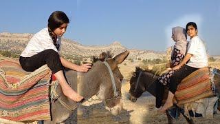 Nomadic girl riding a donkey: in the village 