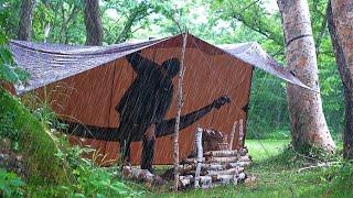 Bushcraft Camping in Pouring Rain. Build Campsite out of Birch (ASMR)