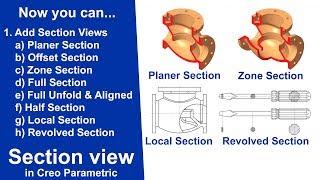 Section View - Planar, Offset, Zone, Full unfold & aligned, Half, Local and Revolved section in creo