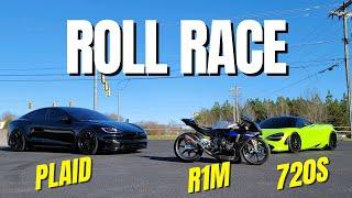 Racing my 2022 Yamaha R1M vs a Mclaren 720s and a Tesla Plaid