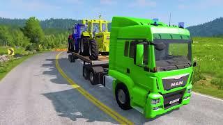 Double Flatbed Trailer Truck vs Speedbumps Train vs Cars Beamng.Drive #5 With Reverse