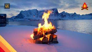 12 HOURS of  LOFOTEN winter landscape CAMPFIRE, with sounds of crackling firewood and ocean waves