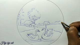 Easy and simple scenery drawing with Swan /step by step Swan scenery drawing /#swanSceneryDrawing