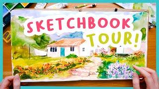 A finished mixed media sketchbook tour!  Watercolour, gouache & brush pens