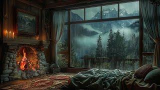 Deep Sleep Ambience: Cozy Room In Rainy Night With Fireplace Burning, Thunder Sound to Sleep, Relax