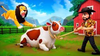 Crazy Lazy Cow's Heroic Farm Rescue from Lion Attack | Funny Animal Cartoons 2024