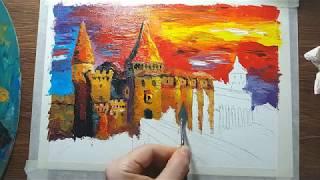 How to paint a castle | Romanian Castle Painting in oil with Palette Knife, castle oil painting