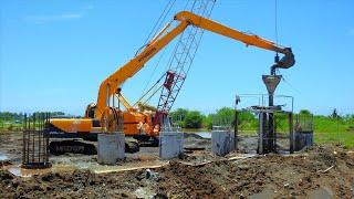 Excavator Cranes Drilling Rig Digging Deep Foundation And Pouring Concrete Into The Hole